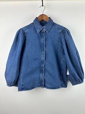 Scoop Chambray Puff Sleeve Blouse Balloon Sleeve Cottagecore Feminine Denim Top